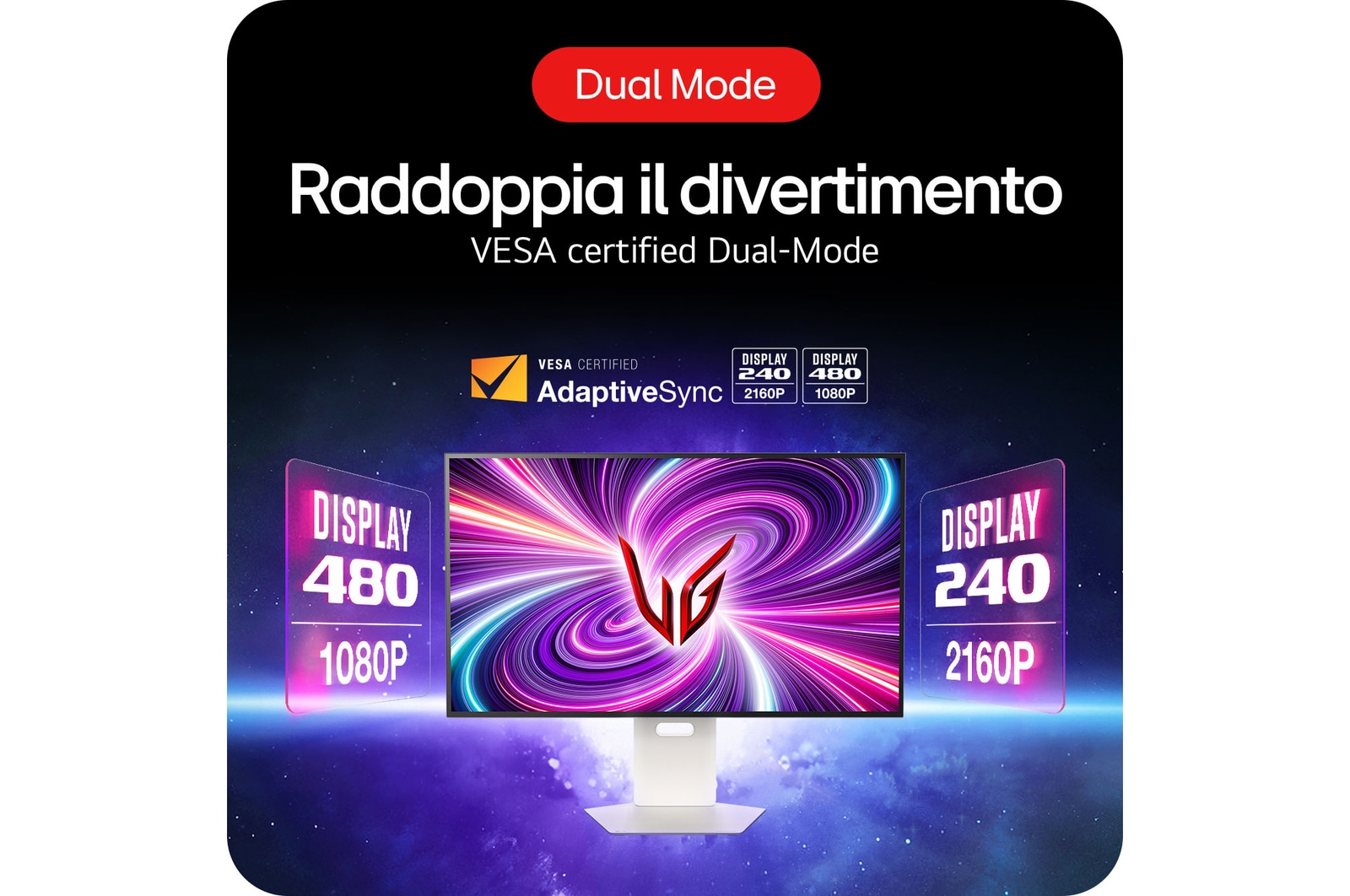 Monitor Gaming LG UltraGear 32GS95UV-W che presenta la Modalità Duale certificata VESA con frequenze flessibili di 480 Hz (1080P) e 240 Hz (2160P).