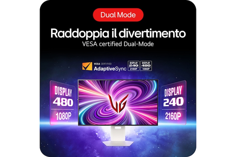 Monitor Gaming LG UltraGear 32GS95UV-W che presenta la Modalità Duale certificata VESA con frequenze flessibili di 480 Hz (1080P) e 240 Hz (2160P).