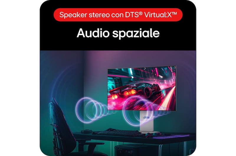 Monitor Gaming LG UltraGear 32GS95UV-W che crea audio spaziale utilizzando altoparlanti 7W x 2 e tecnologia DTS® Virtual:X™.