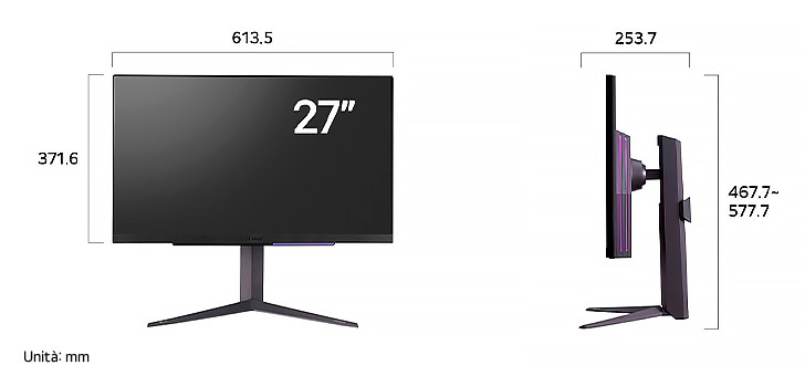 Monitor Gaming LG UltraGear 27GR93U-B disegno tecnico: dimensioni del display 27" (L 613,5 mm, A 371,6 mm) e altezza regolabile (da 467,7 mm a 577,7 mm).