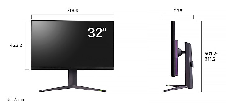 Monitor Gaming LG UltraGear 32GR93U-B disegno tecnico: dimensioni del display 32" (L 713,9 mm, A 428,2 mm) e altezza regolabile (da 501,2 mm a 611,2 mm).