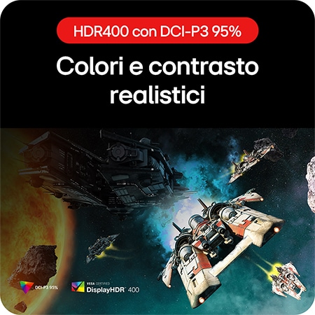 Monitor LG UltraGear 32GR93U-Bmostra colori realistici: VESA DisplayHDR 400 con DCI-P3 95% per un contrasto e una grafica di gioco fedeli.