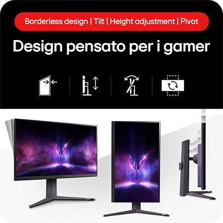 Monitor LG UltraGear 32GR93U-Bmostra un design pensato per i gamer: display senza bordi, con funzioni Tilt, regolazione altezza e Pivot.