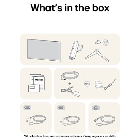 Monitor Gaming LG UltraGear 32GR93U-Bche mostra una panoramica di tutti i componenti inclusi, tra cui corpo monitor, parti del supporto, manuale e cavi HDMI, DP e USB.