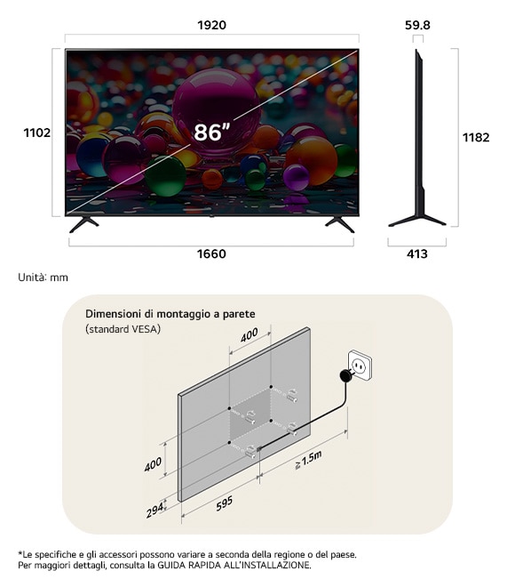 Vista dimensionale del LG UHD AI 4K UA75 86-inch, 1920×1182×413 mm, panel 59.8 mm, VESA 400x400.