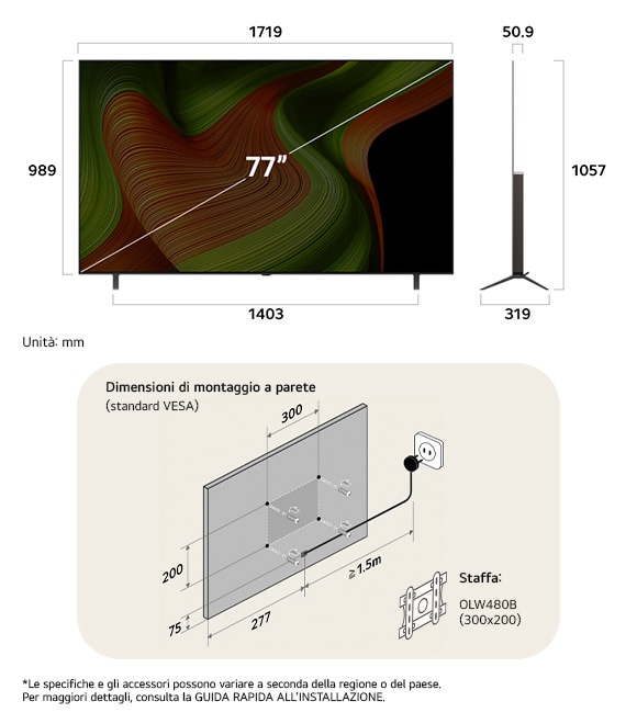 Vista dimensionale del LG OLED AI B5 4K 77-inch, 1719×1057×319 mm, panel 50.9 mm, VESA 300x200.