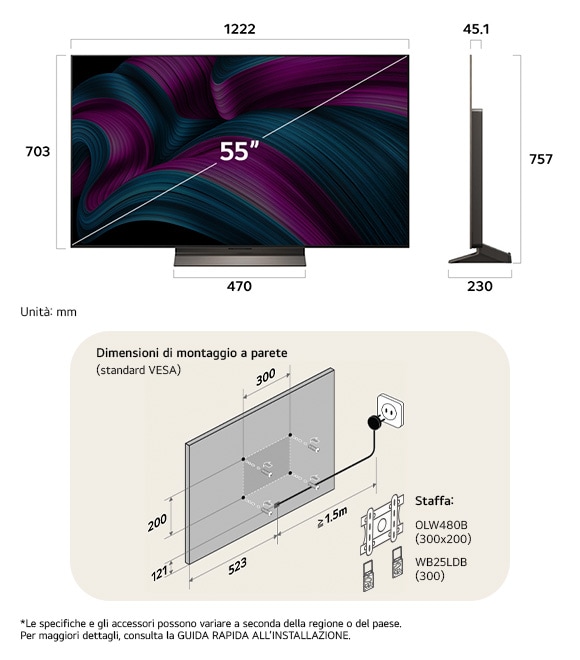 Vista dimensionale del LG OLED evo AI C5 4K 55-inch, 1222×757×230 mm, panel 45.1 mm, VESA 300x200.