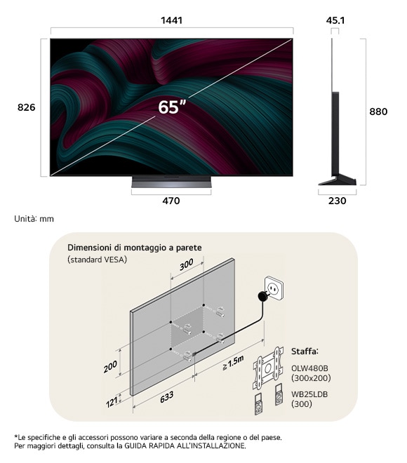Vista dimensionale del LG OLED evo AI C5 4K 65-inch, 1441×880×230 mm, panel 45.1 mm, VESA 300x200.