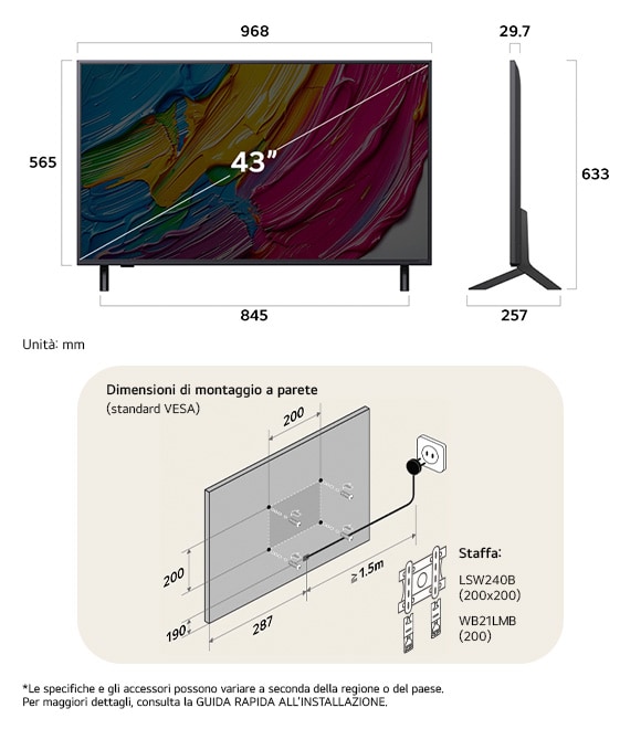 Vista dimensionale del LG QNED MiniLED AI QNED80 4K 43-inch, 968×635×257 mm, panel 29.7 mm, VESA 200x200.