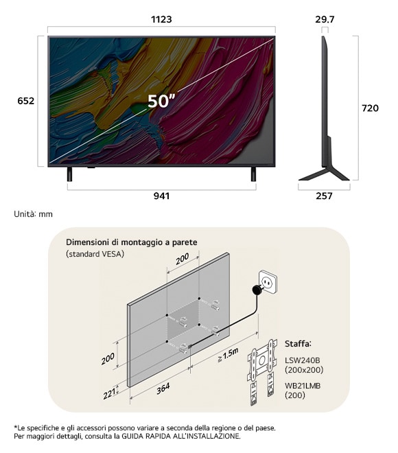 Vista dimensionale del LG QNED MiniLED AI QNED80 4K 50-inch, 1123×720×257 mm, panel 29.7 mm, VESA 200x200.