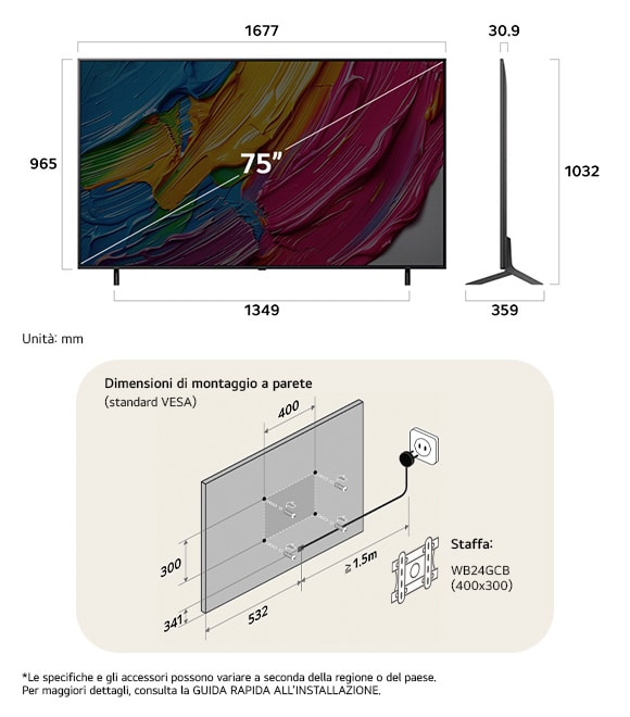 Vista dimensionale del LG QNED MiniLED AI QNED80 4K 75-inch, 1677×1032×359 mm, panel 30.9 mm, VESA 400x300.