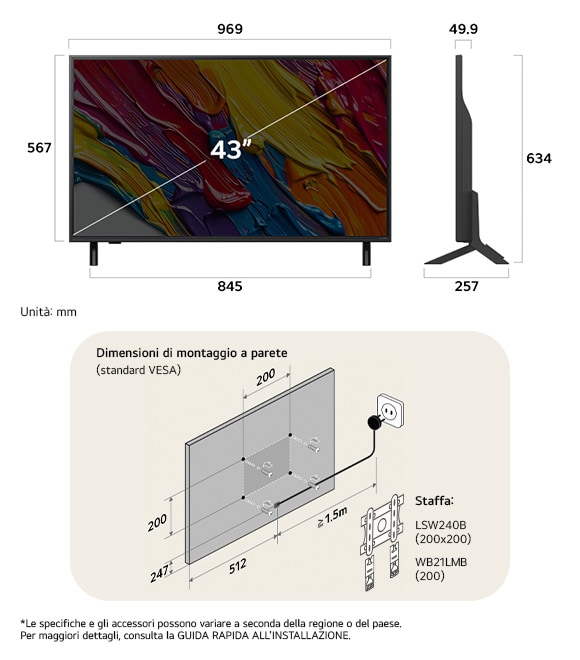 Vista dimensionale del LG QNED MiniLED AI QNED82 4K 43-inch, 969×634×257 mm, panel 49.9 mm, VESA 200x200.