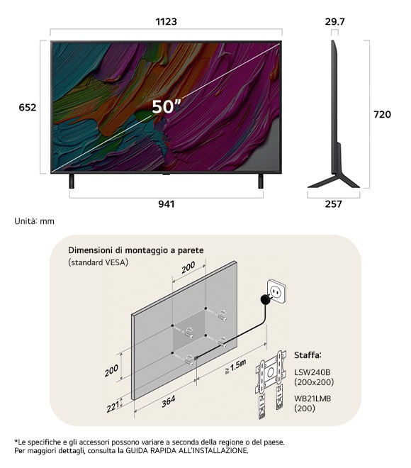 Vista dimensionale del LG QNED MiniLED AI QNED8E 4K 50-inch, 1123×720×257 mm, panel 29.7 mm, VESA 200x200.