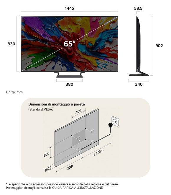 Vista dimensionale del LG QNED MiniLED AI QNED93 4K 65-inch, 1445×902×340 mm, panel 58.5 mm, VESA 400x300.