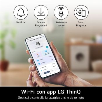 Funzioni smart Wi-Fi dell'asciugatrice LG RNX5010TWBC con app LG ThinQ per il controllo remoto.