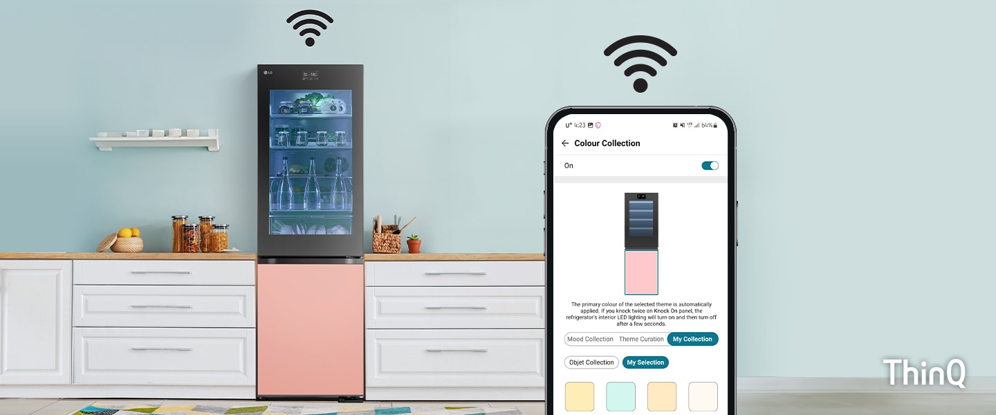 Un telefono con l'app LG ThinQ per cambiare colore al frigorifero