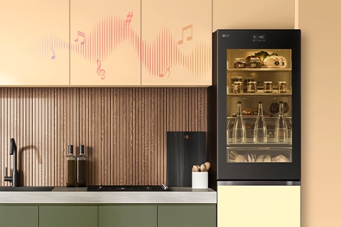 Immagine con un frigorifero da cui escono delle note musicali