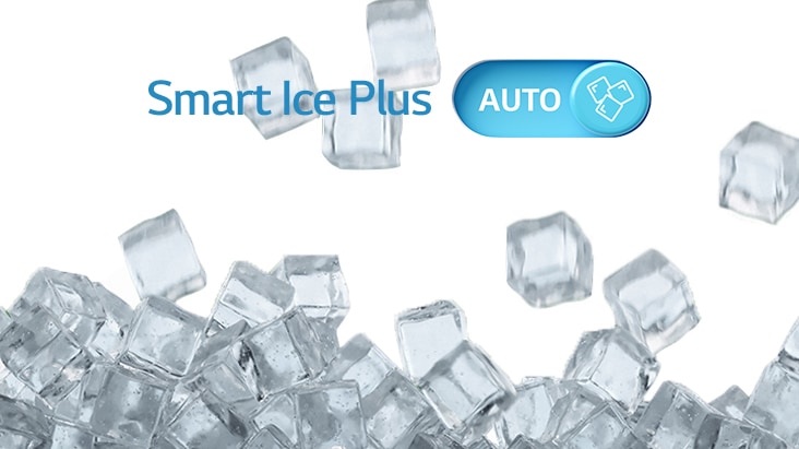 Vari cubetti di ghiaccio che cadono dall'alto e le scritte Smart Ice Plus e Auto in sovraimpressione. Vari cubetti di ghiaccio che cadono dall'alto e le scritte Smart Ice Plus e Auto in sovraimpressione.