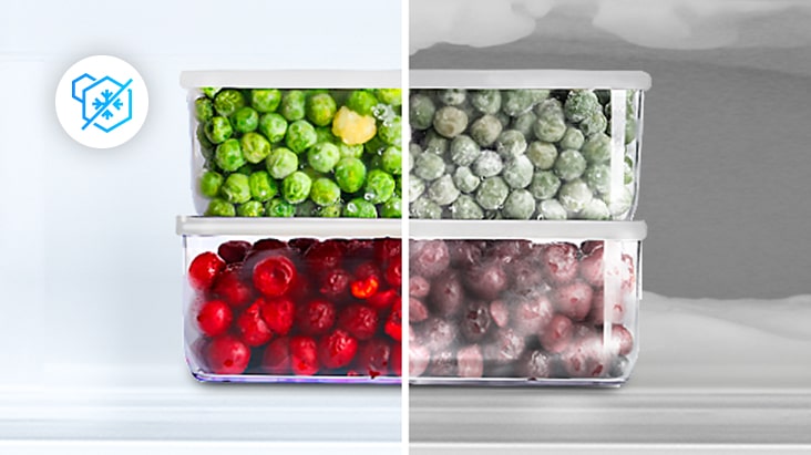 Un'immagine che paragona due contenitori di frutta uno ghiacciato e uno non.