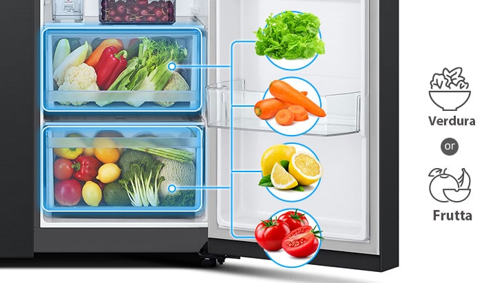 I due cassetti del frigo possono contenere generalmente 2 tipi di alimenti, frutta e verdura.