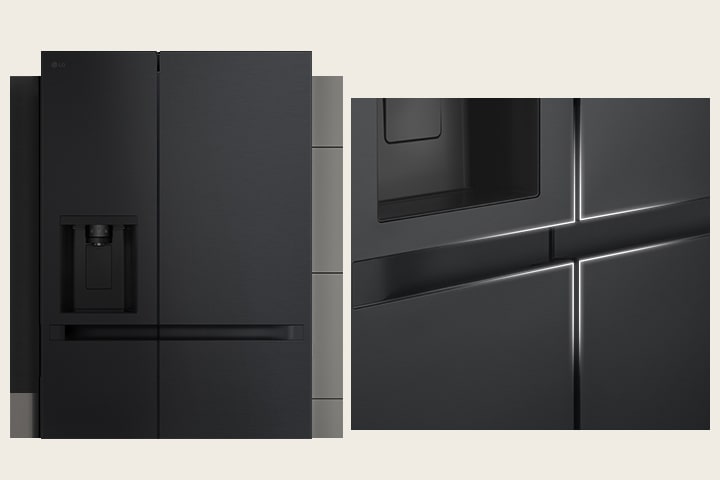 Frigorifero LG nero a doppia porta con distributore d'acqua integrato, incassato tra mobili da cucina grigi.