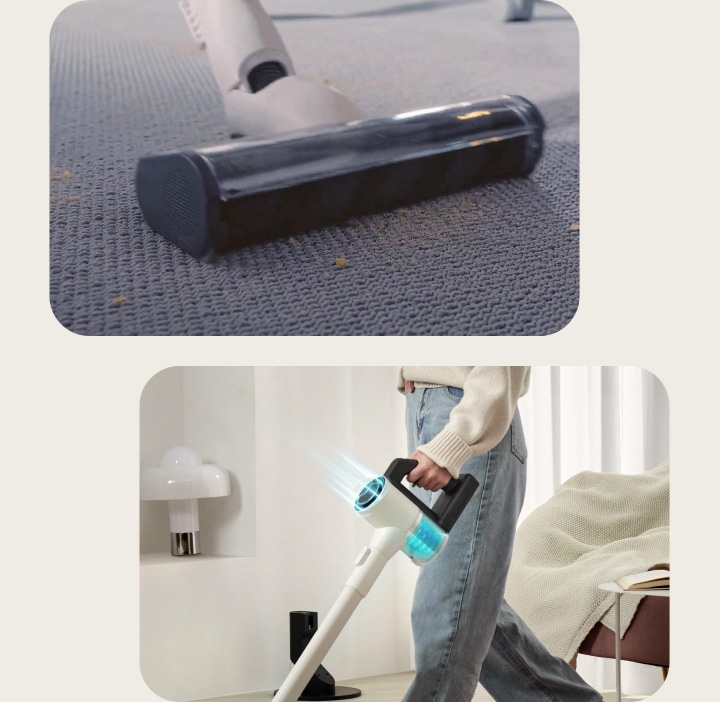 Video dell'aspirapolvere che viene utilizzato in diversi ambienti.