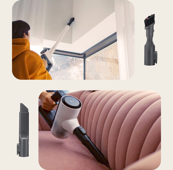 Un uomo pulisce il soffitto e un divano rosa con un aspirapolvere LG, mostrando accessori di pulizia.