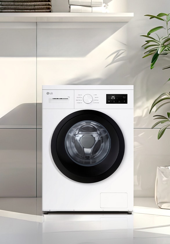 Lavatrice a carica frontale in uno spazio lavanderia moderno.