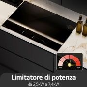 Immagine del piano cottura installato su una cucina. C'è un tachimetro che indica la potenza che può passare da minimo a massimo a seconda dell'impostazione dell'utente.