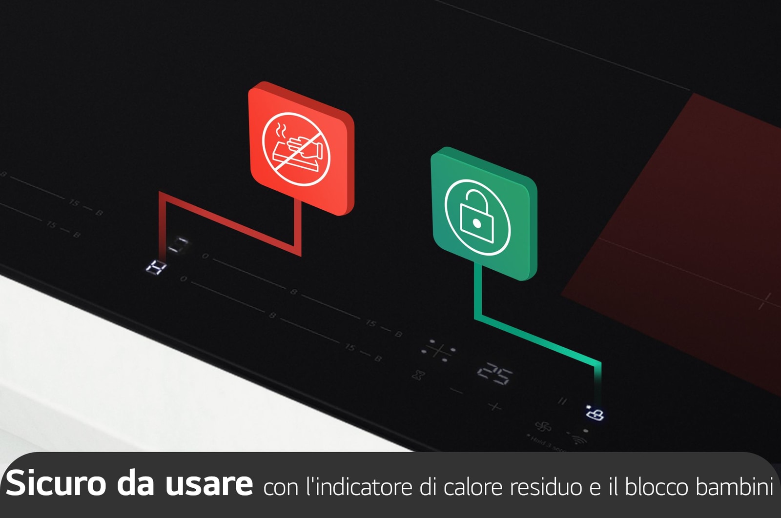 Immagine che ritrae le funzioni di sicurezza del piano cottura e con le icone "H" e "lucchetto" che fuoriescono dalle relative parti del piano.