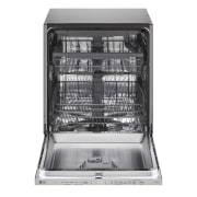 Vista frontale della lavastoviglie LG QuadWash con la porta completamente aperta