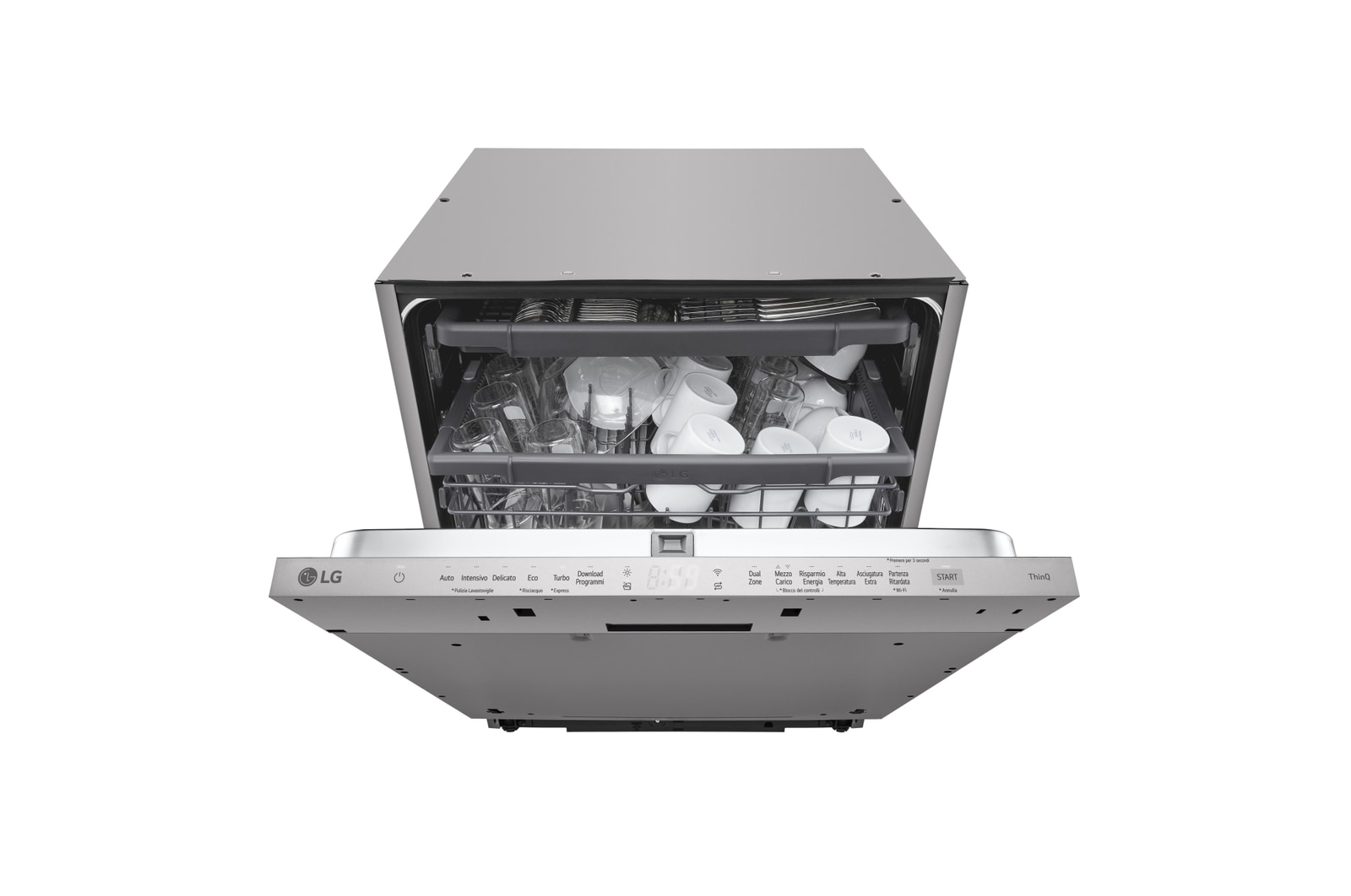 Vista frontale di Lavastoviglie a scomparsa totale | QuadWash Serie 2, Classe D 44dB | 14 coperti, EasyRack+, Wi-Fi, 3° cestello | Noble Steel DB243TX