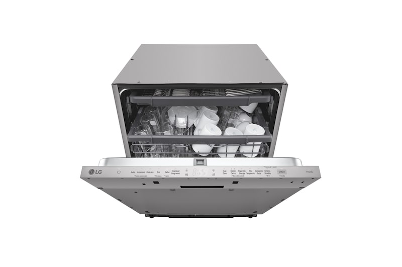 Vista frontale di Lavastoviglie a scomparsa totale | QuadWash Serie 2, Classe D 44dB | 14 coperti, EasyRack+, Wi-Fi, 3° cestello | Noble Steel DB243TX
