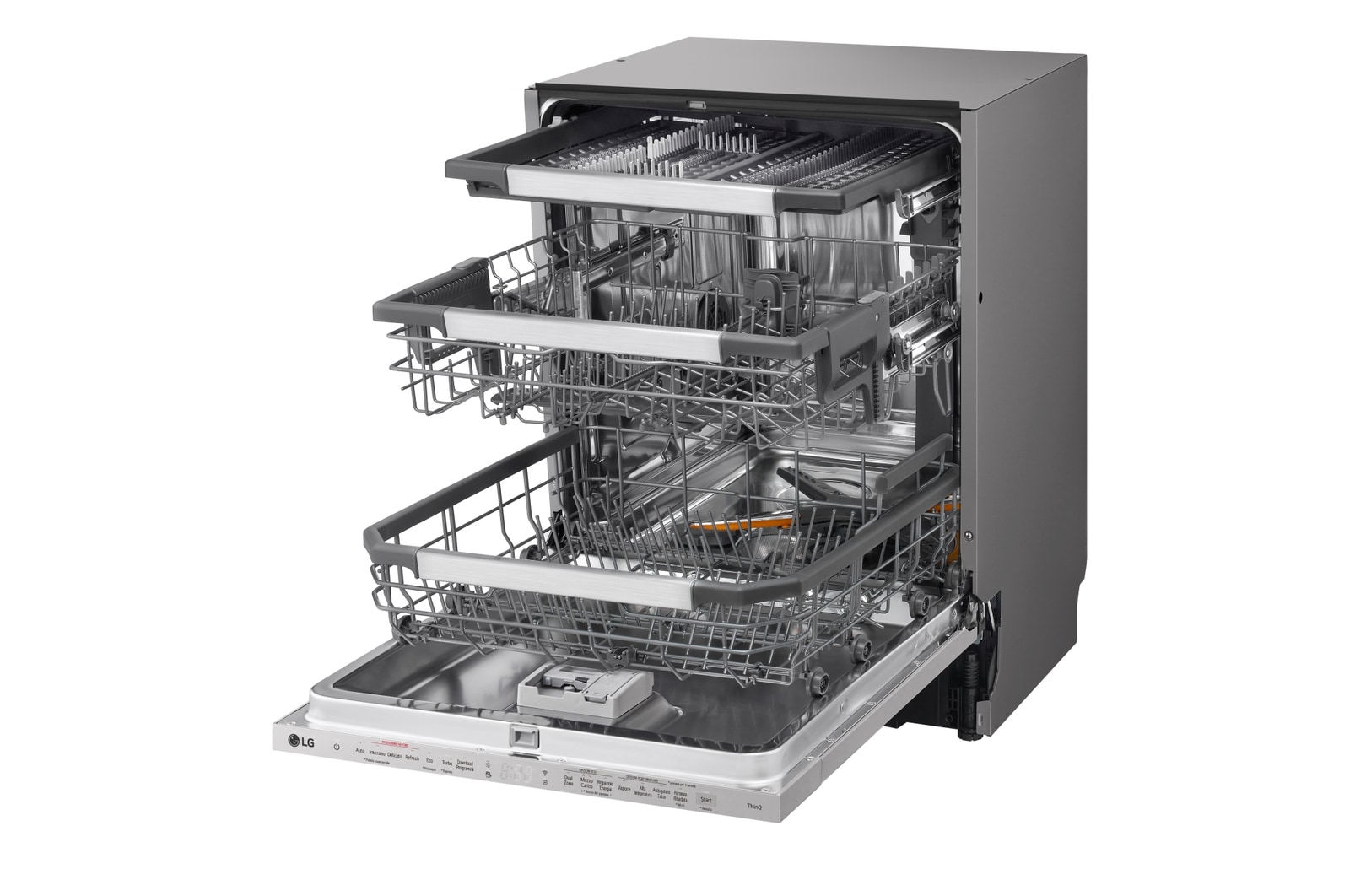 Vista tre quarti verso sinistra della lavastoviglie completamente aperta e piena di stoviglie