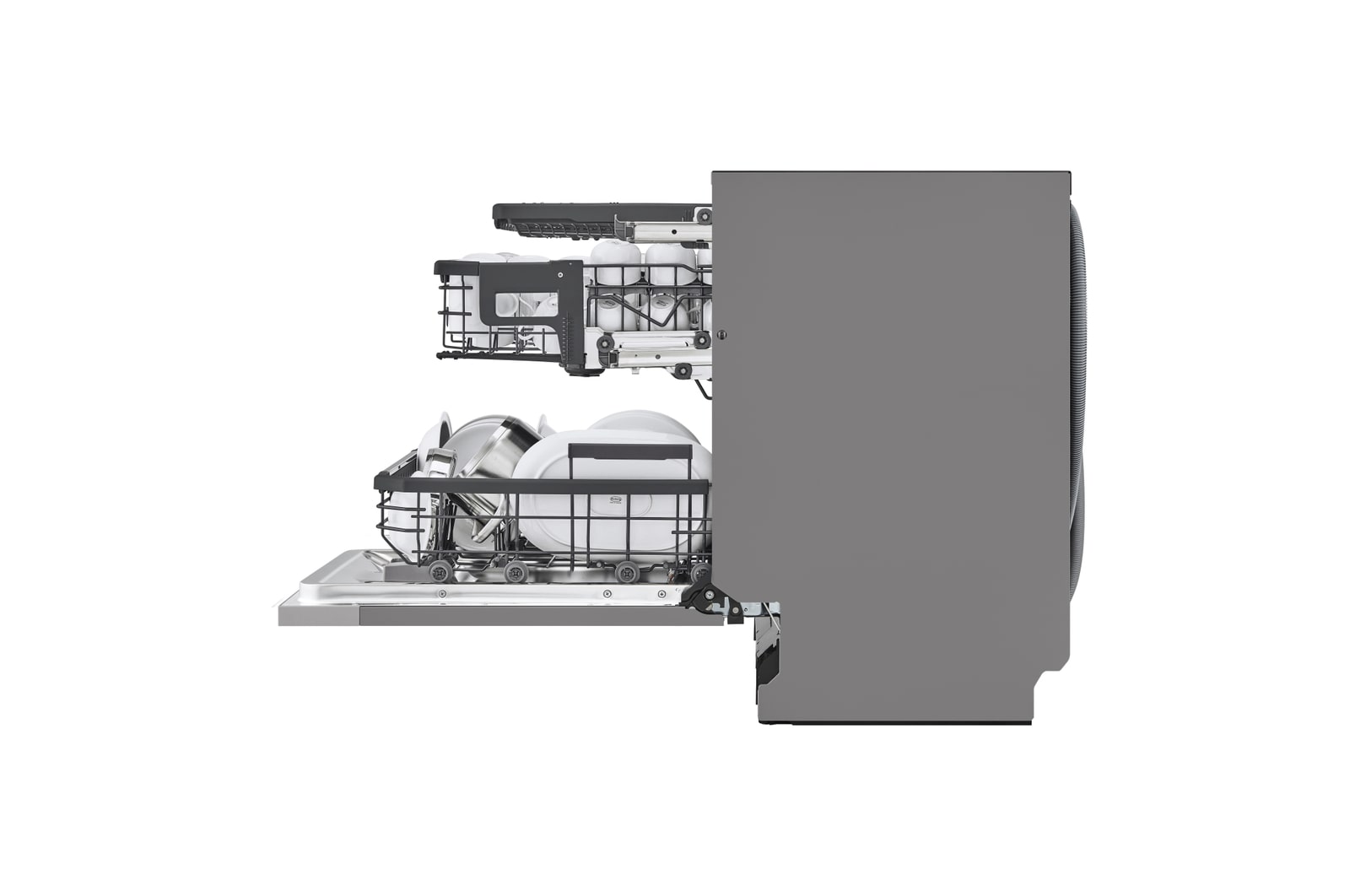 Vista laterale con cestello superiore completamente alzato