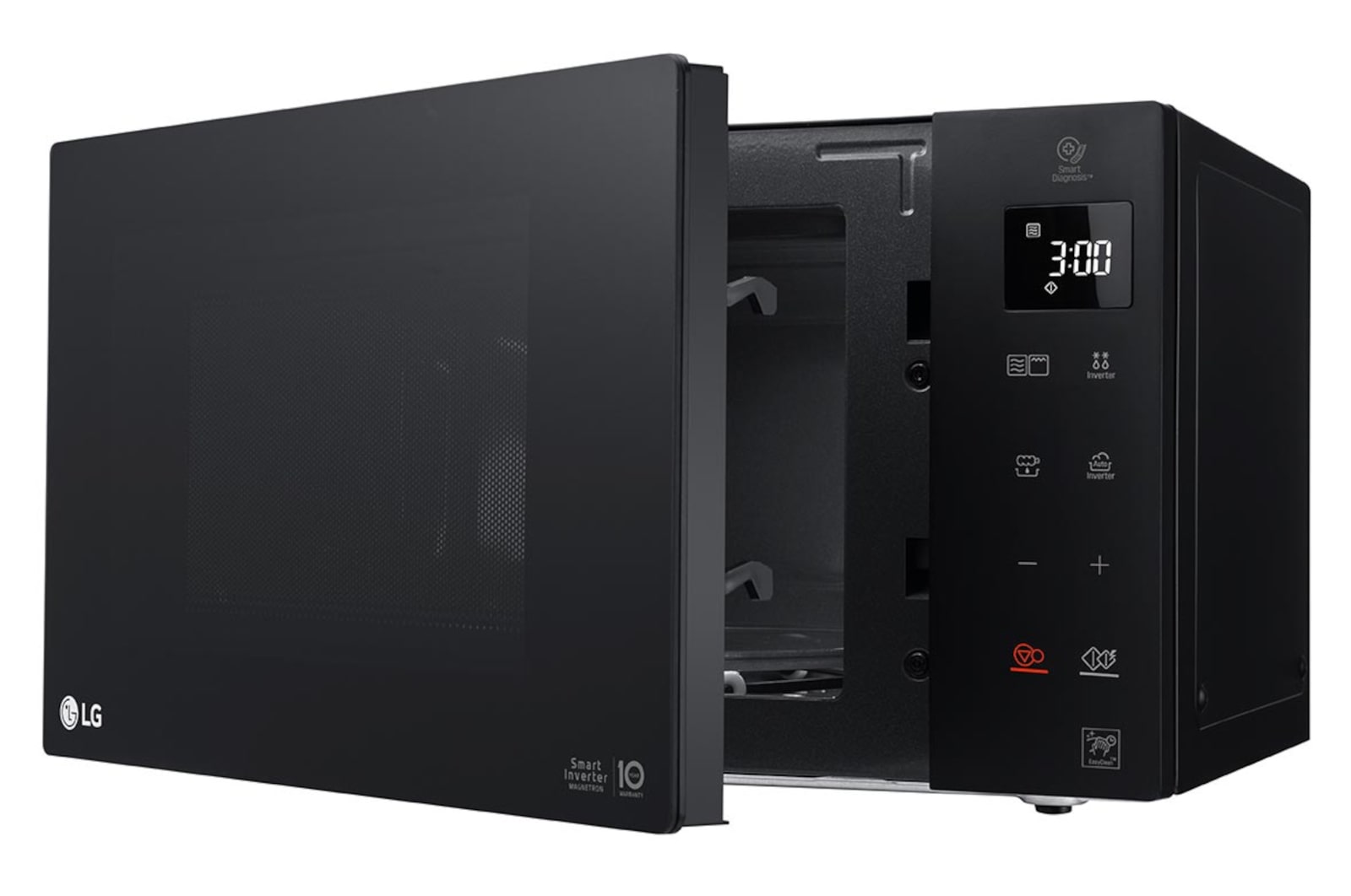 Vista da tre quarti con microonde rivolto verso sinistra con porta aperta