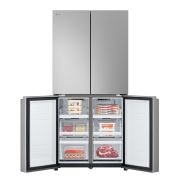 Vista frontale con porte del frigo chiuse e porte del freezer aperte