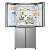 Vista frontale con porte del frigo aperte e porte del freezer chiuse