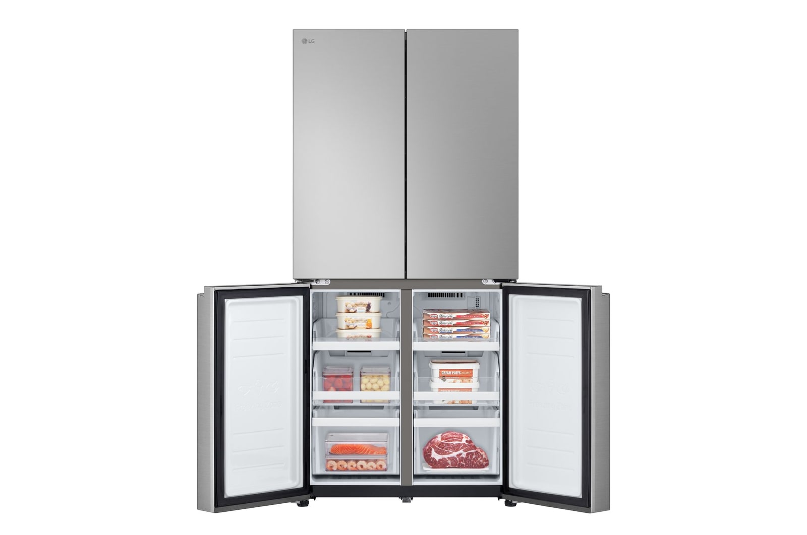 Vista frontale con porte del frigo chiuse e porte del freezer aperte