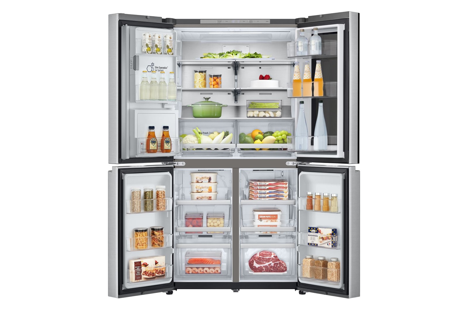 Frigorifero aperto completamente pieno di alimenti