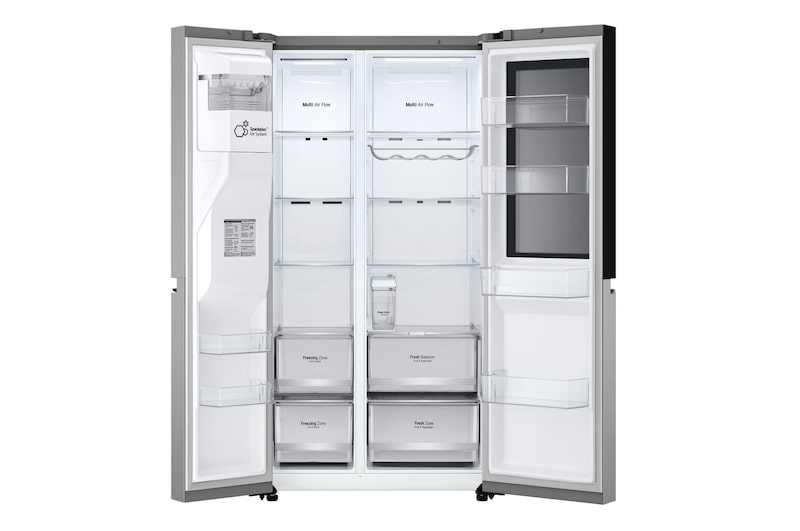 Vista frontale del frigorifero con porte aperte e senza alimenti