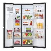 Frigorifero aperto completamente pieno di alimenti