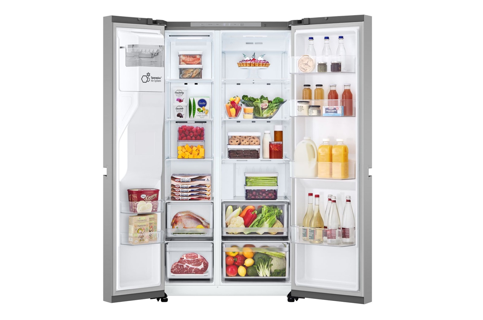 Frigorifero aperto completamente pieno di alimenti