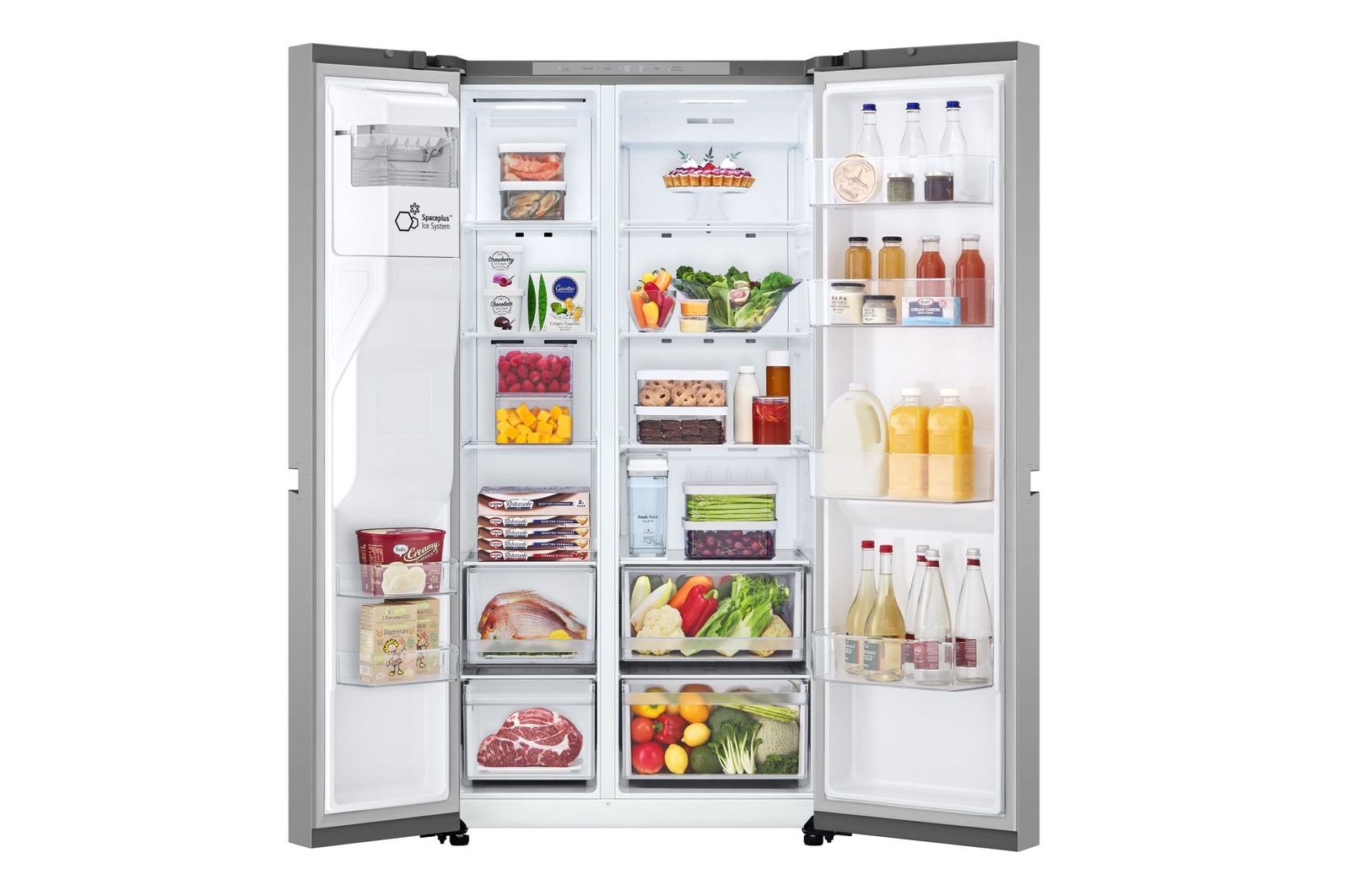 Frigorifero aperto completamente pieno di alimenti