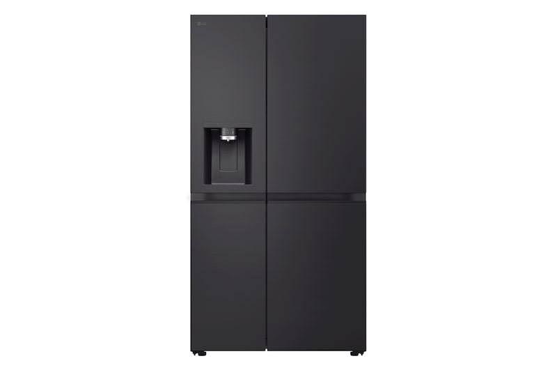 Vista frontale di Frigorifero Side-by-Side | Classe C, 628L | Wi-Fi, Dispenser senza allaccio, UVnano, Metal Fresh, Door Cooling | Black Steel GSLE91EVAC