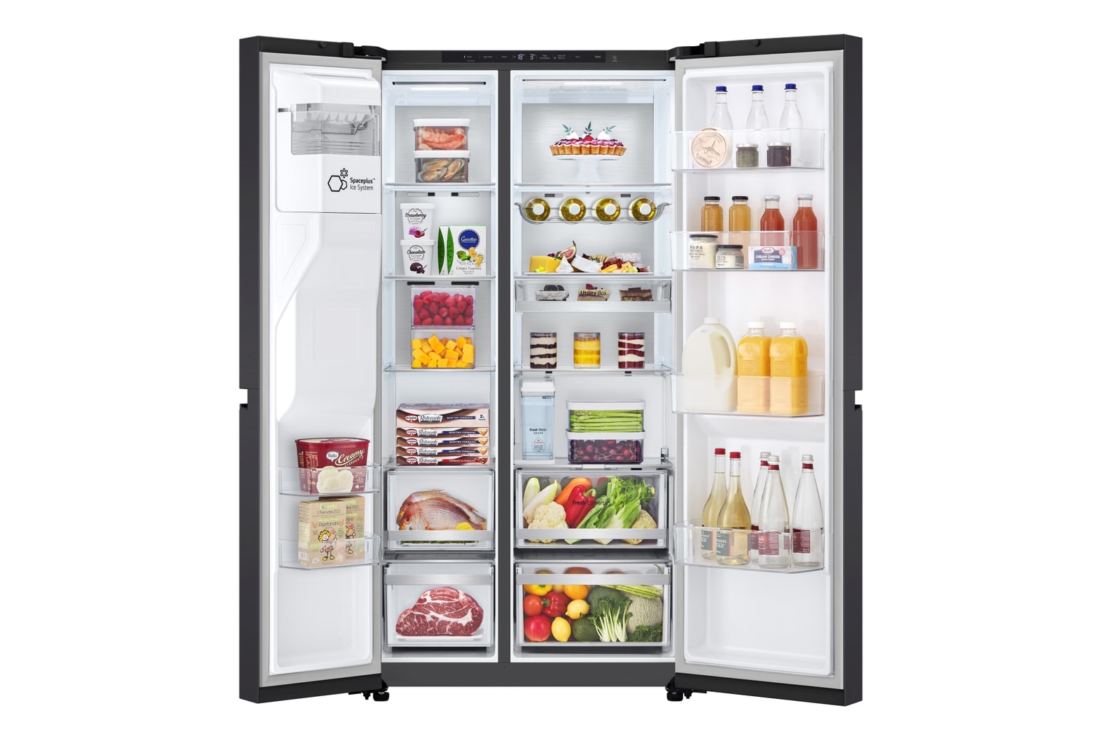 Frigorifero con entrambe le porte aperte e pieno di cibo