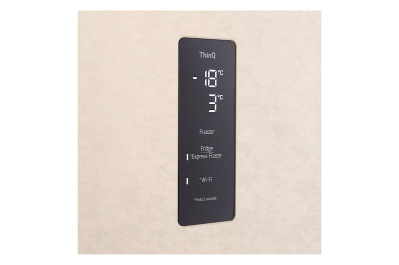 Foto del frigorifero LG GTFV61SEBQD con dettagli su schermo digitale