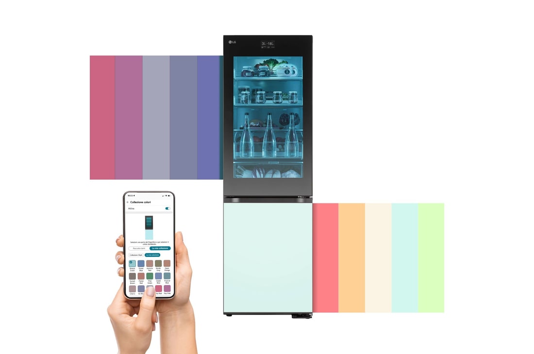 Vista frontale del frigorifero con delle bande colorate ai lati e uno smartphone su cui c'è l'app LG ThinQ per cambiare i colori