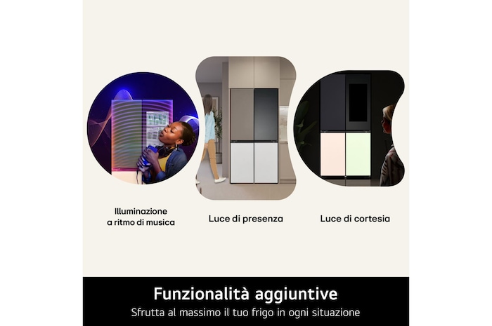 Dettaglio delle funzioni aggiuntive del frigo: illuminazione a tempo di musica, luce di presenza e luce di cortesia