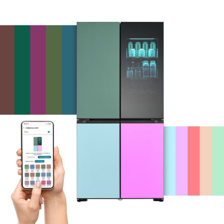 Frigorifero chiuso con porte colorate, bande di colori laterali e smartphone con app LG ThinQ